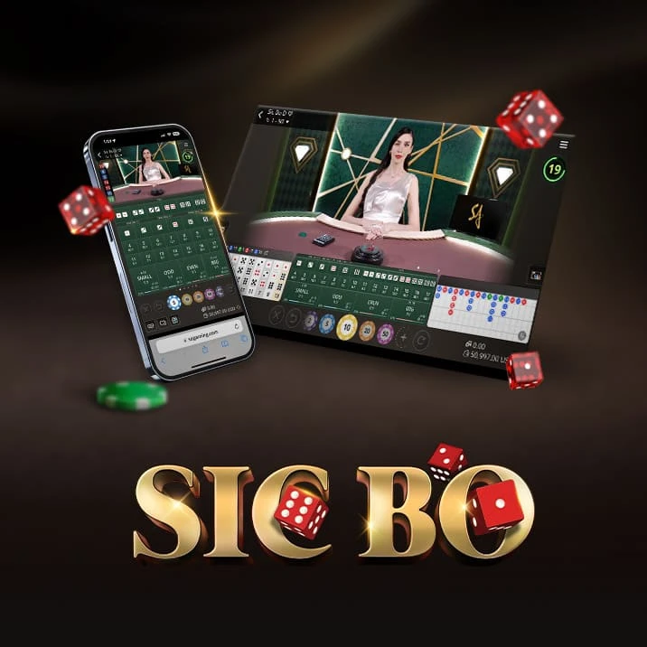 Image for an online Sic Bo game featuring a mobile interface on the left and a tablet interface on the right. The text 'SIC BO' is prominently displayed at the bottom, with colorful dice and betting options floating around.